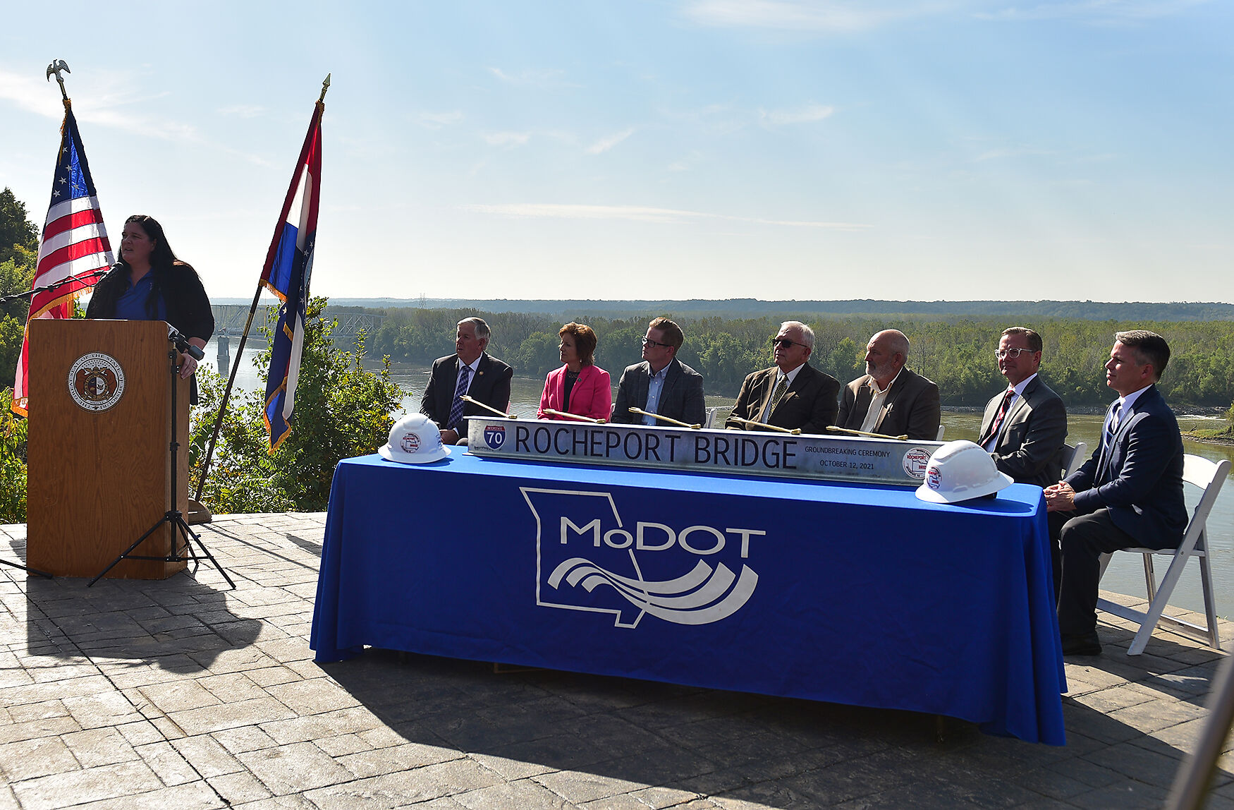 Speakers listen to Project Director Brandi Baldwin speak at the groundbreaking ceremony of the new I-70 Bridge